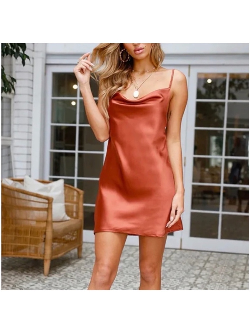 Hollister Rust Satin Slip Dress with Cowl Neck